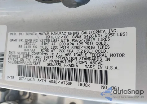 2008 Toyota Tacoma Prerunner V6 из США, поврежденный, VIN 5TEJU62N58Z557387